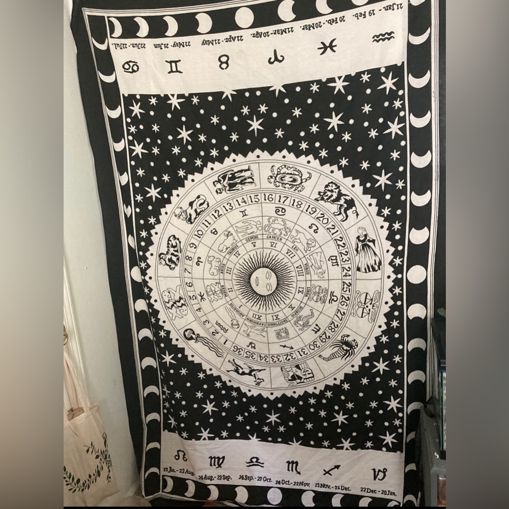 Large black and white mendala zodiac tapestry